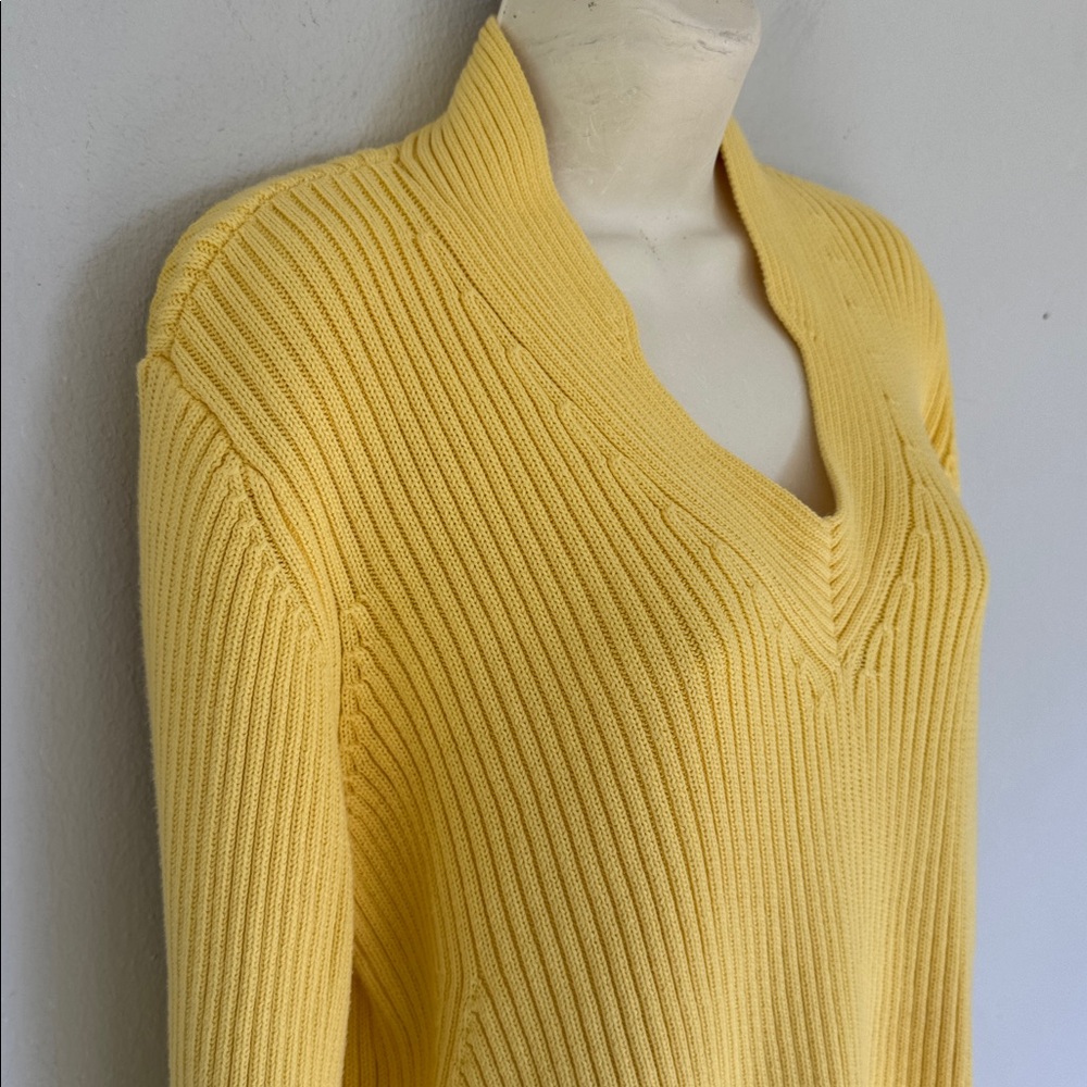 Vintage Y2K Liz Claiborne bright yellow ribbed knit notch neckline sweater large - Picture 5 of 13